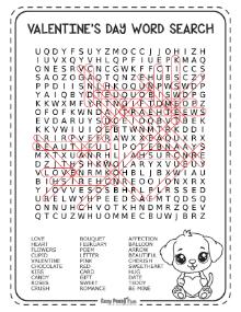 Answer key for hard Valentines wordsearch puzzle 1