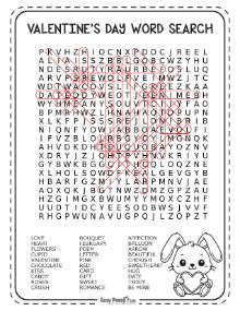 Answer Key for hard level Valentines wordsearch puzzle 3