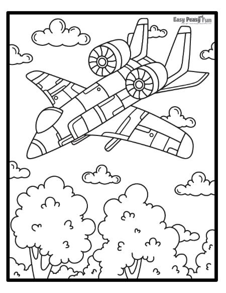 Futuristic airplane above the forest to color.