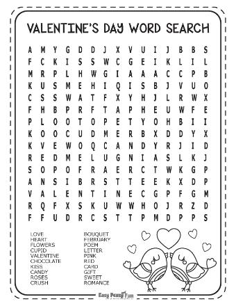 Medium Valentine's Day word search puzzle with no backward words 1