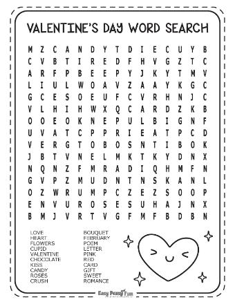 Medium Level Valentine's Day word search puzzle with no backward words 4