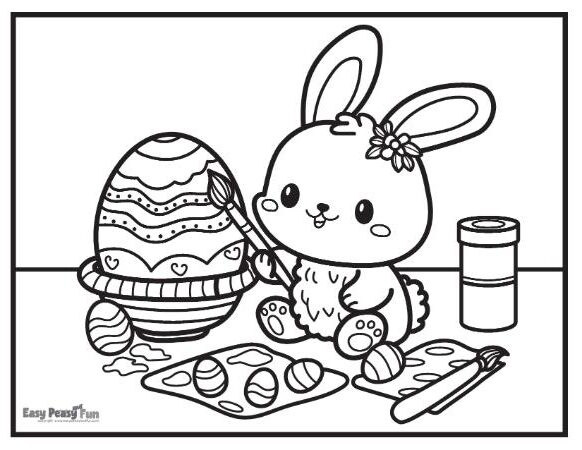 Coloring page of Easter bunny painting Easter eggs.