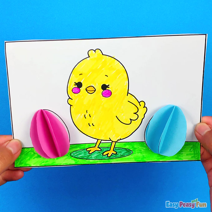3D Easter Eggs and Chick Coloring Page
