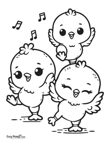 Three chicks dancing and singing illustration for coloring.