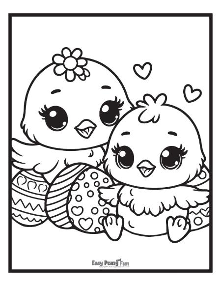 Cute Easter eggs and chicks coloring page for kids.