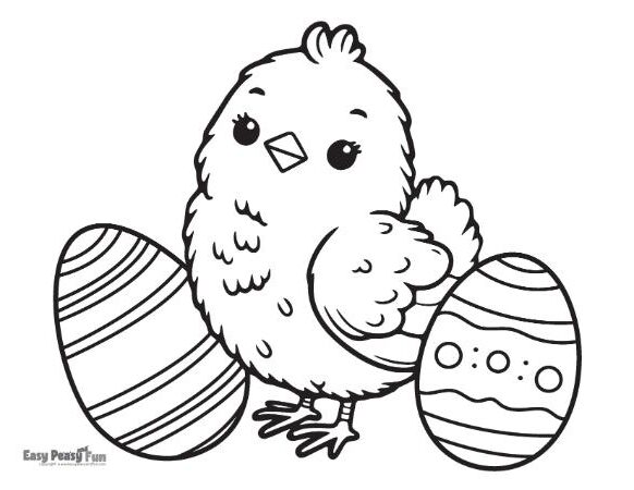 Baby chick and two Easter eggs illustration.