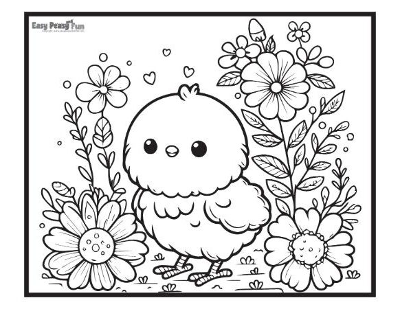 Detailed flowers and chick color sheet.