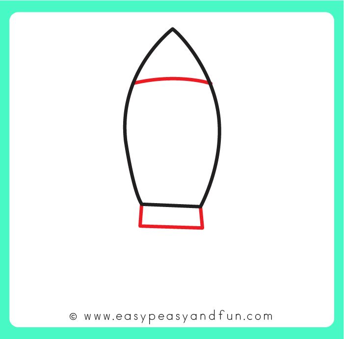 Adding a curved line for a nose cone and a rectangular engine base to a rocket drawing.
