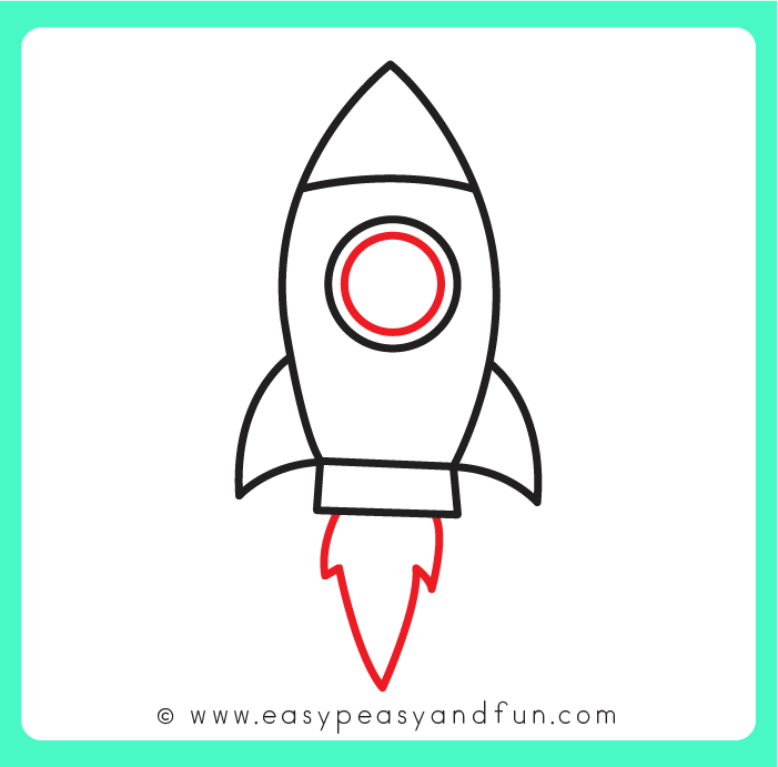 A rocket drawing with a double-lined circular window and side fins and exhaust fire.