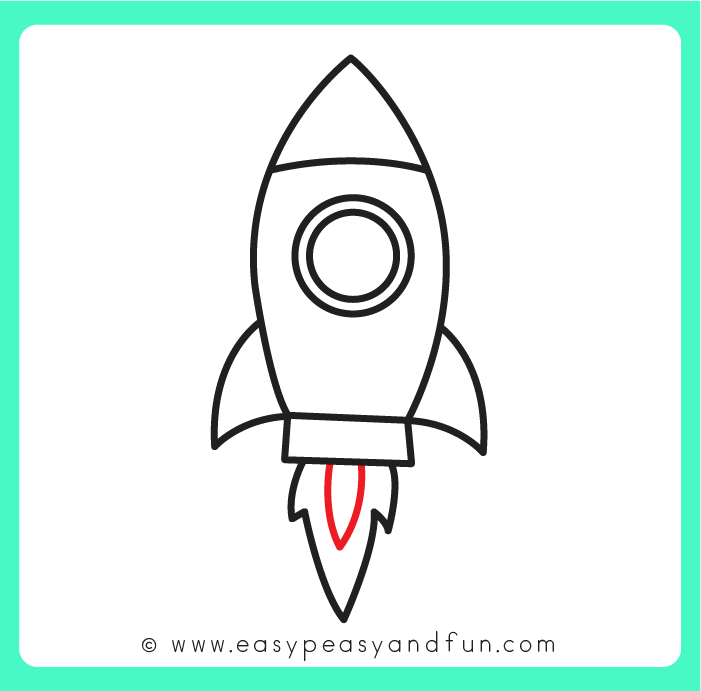Completed black and white line art of a rocket ship with detailed flames and window.