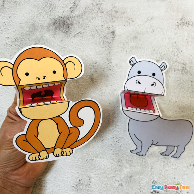 Printable ZOO Animal Puppets Monkey Hippopotamus