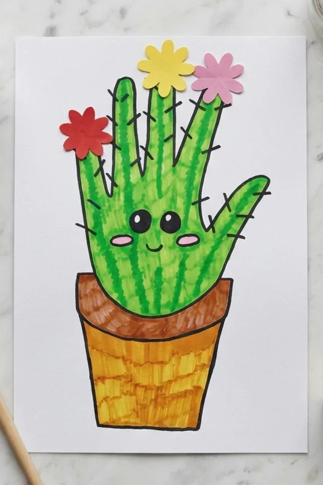 A hand-drawn craft showing a smiling green handprint transformed into a cactus in a yellow-brown pot. It's decorated with tiny black spines and three colorful paper flowers (red, yellow, and pink) on top, all on a white background.