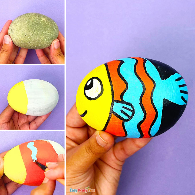 A collection of vibrant fish painted rocks showing different stages of the DIY craft process.