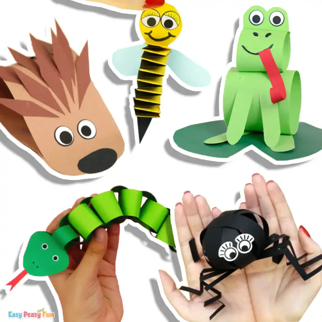 A group of 3D paper crafts made from construction paper, including animals such as hedgehog, bee, frog, spider, and a snake.