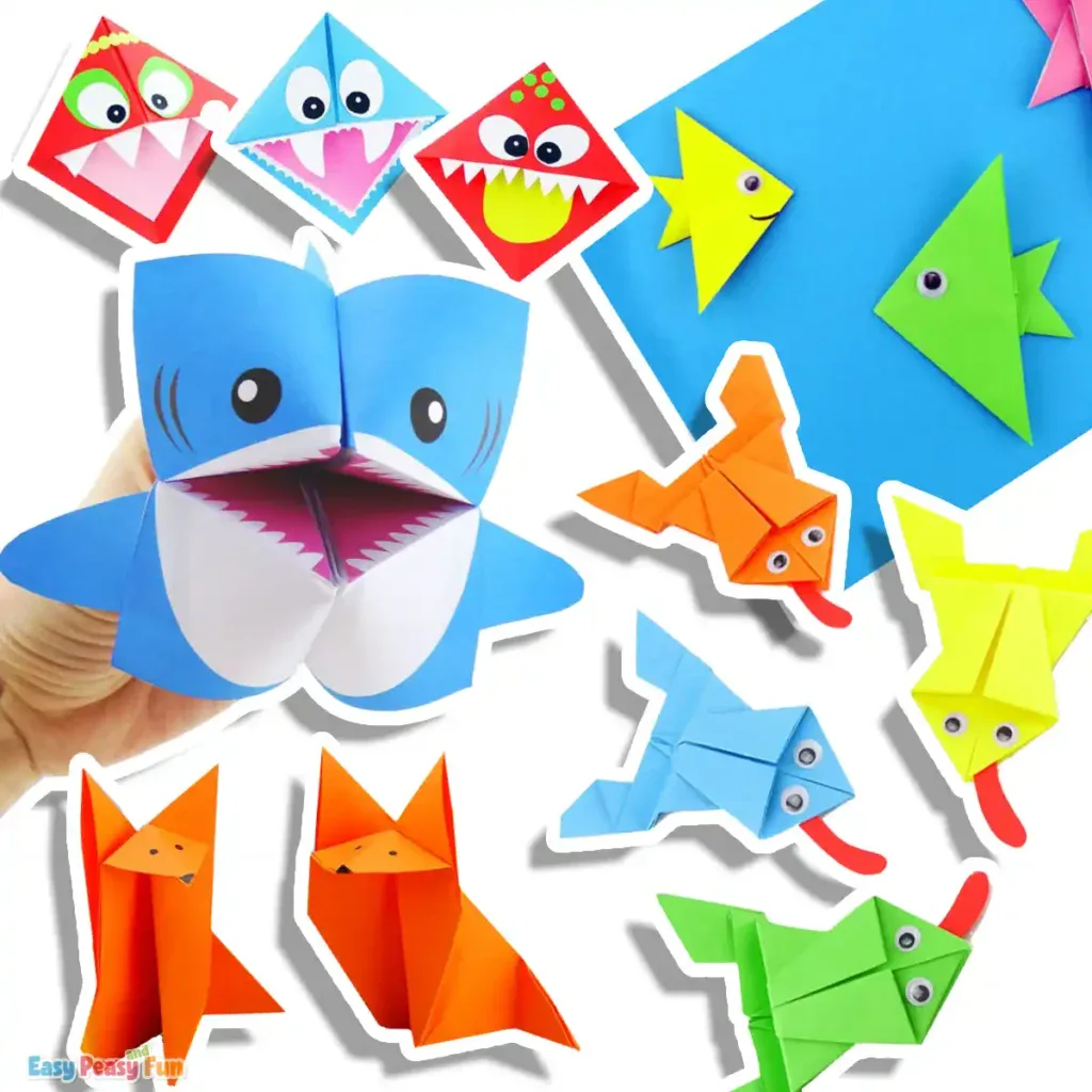 A set of easy origami animals and folded paper projects for kids.