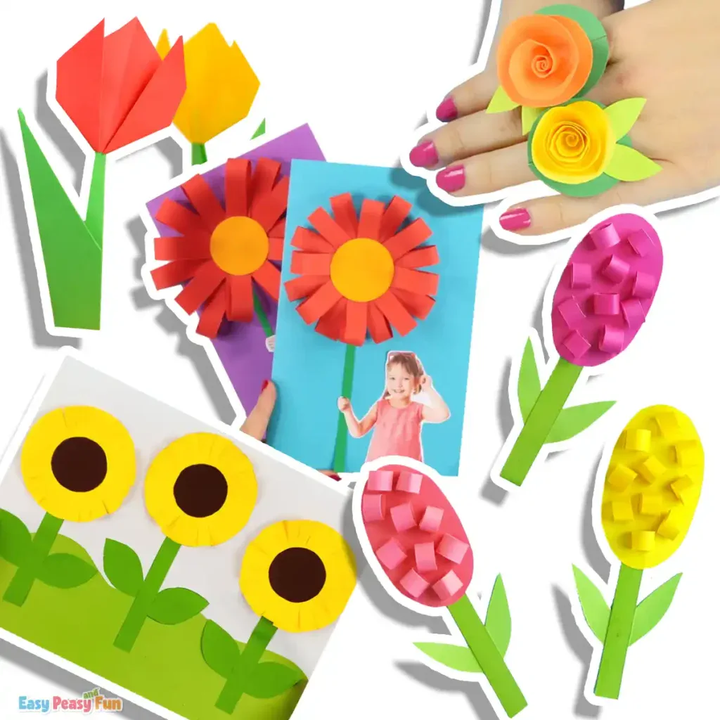 A variety of paper flower crafts, from simple blooms to 3D floral designs.
