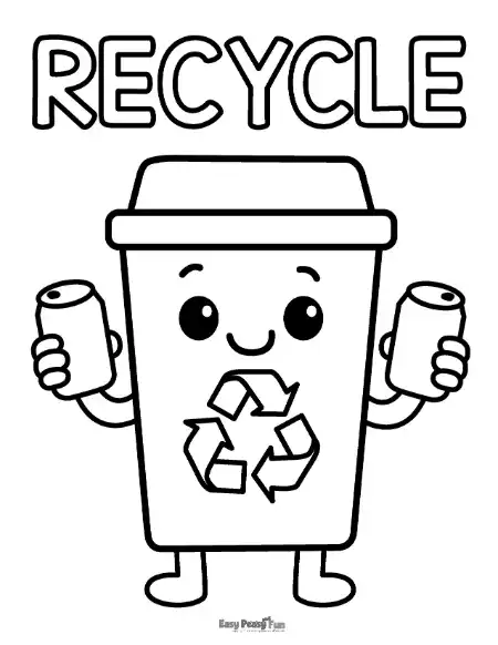 A printable recycling coloring page for kids featuring a recycle bin and environmental symbols. This simple worksheet is a great tool for preschool and elementary teachers to introduce the concept of waste management, sorting, and sustainable living habits.