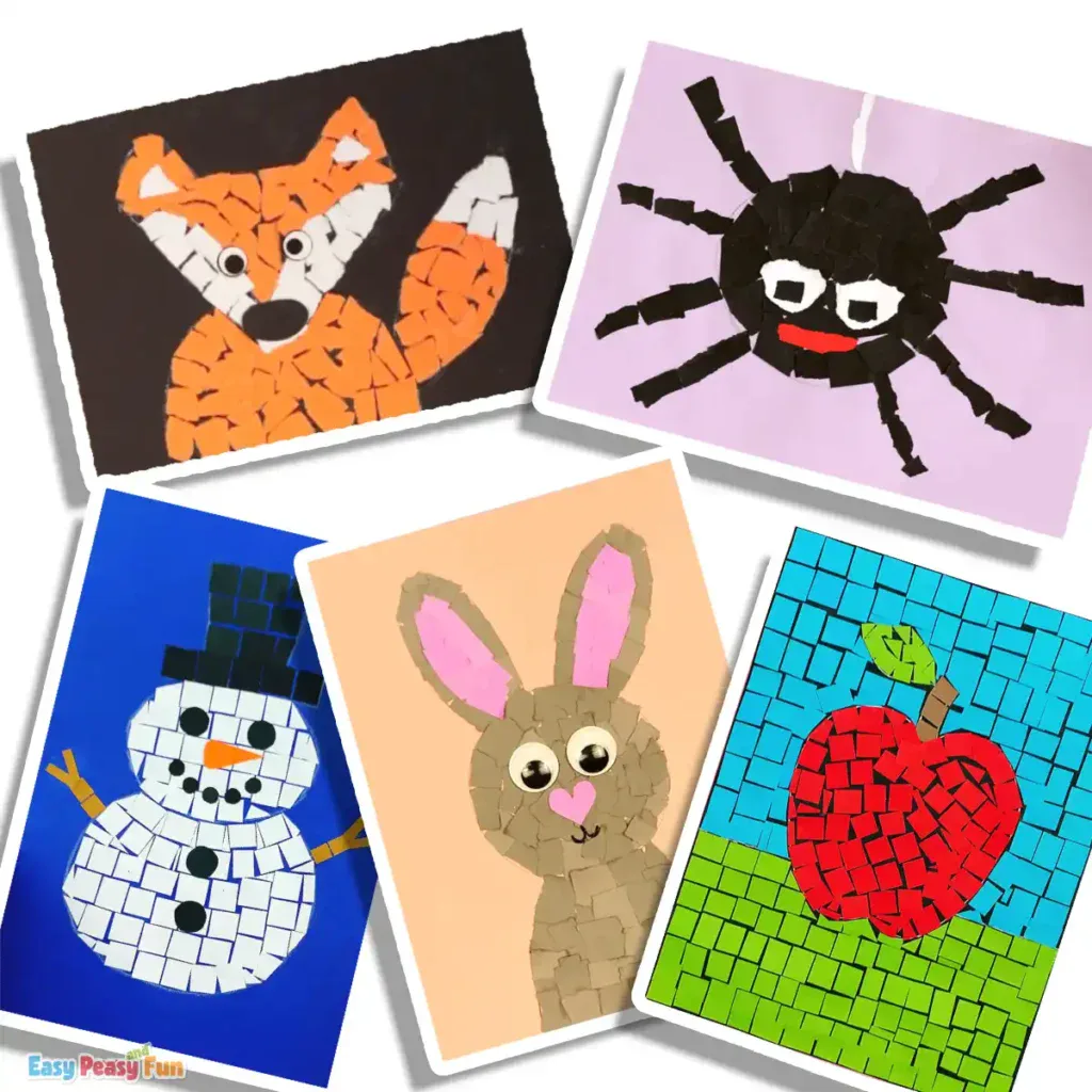 Layered paper collage projects featuring animals and seasonal scenes.