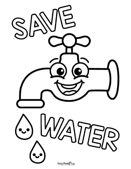A "Save Water" coloring page for kids featuring a tap water character and raindrops. This environmental worksheet is designed to teach students about water conservation and resource management in a preschool or elementary setting.