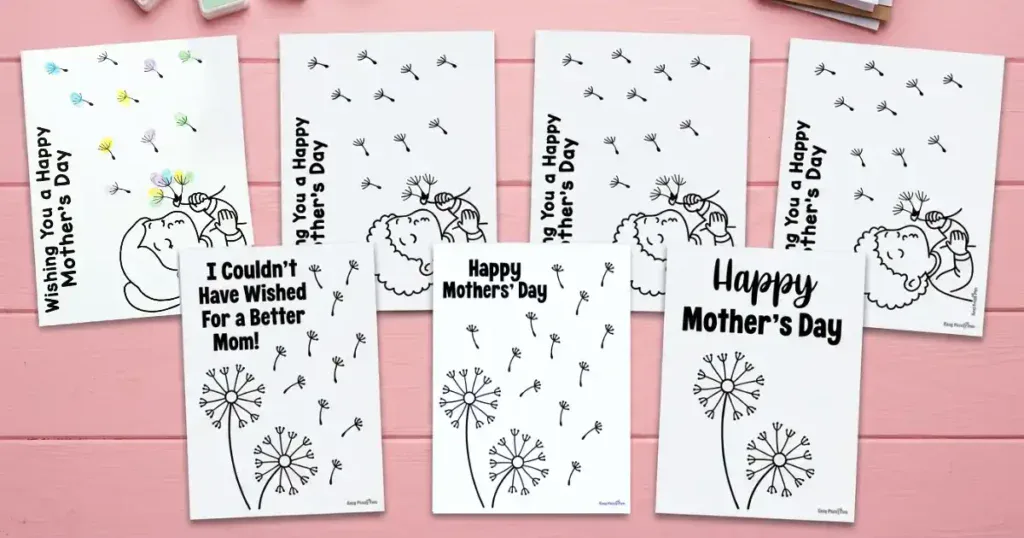 A collection of seven dandelion fingerprint craft templates for Mother's Day , featuring various floral designs and sentimental greetings.
