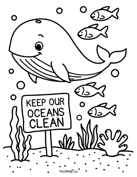 An ocean conservation coloring page for kids featuring a whale, fish, and a "Keep Our Oceans Clean" sign. This sea life activity is an easy way for teachers to introduce marine biology and environmental awareness to young learners.