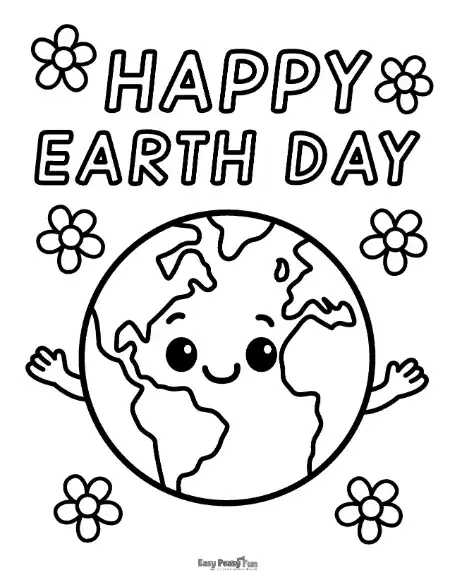 A simple Earth Day coloring page featuring a smiling globe surrounded by spring flowers. This nature-inspired activity is a great printable for kindergarten students practicing fine motor skills while learning about the environment.