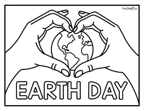 A meaningful Earth Day coloring page for kids featuring hands forming a heart shape over a globe. This environmental printable focuses on the theme of "loving the planet" and serves as a simple classroom activity to teach students about global appreciation and stewardship.