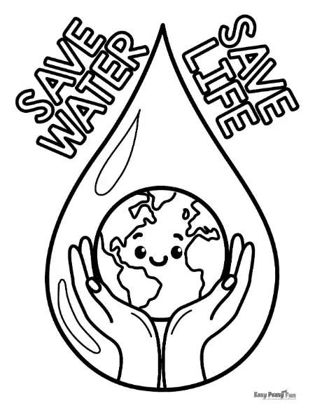 A water conservation coloring sheet for students featuring a globe held in hands inside a large waterdrop. This educational worksheet is a perfect resource for Earth Day lessons about protecting our water supply and understanding the importance of clean water for the planet.
