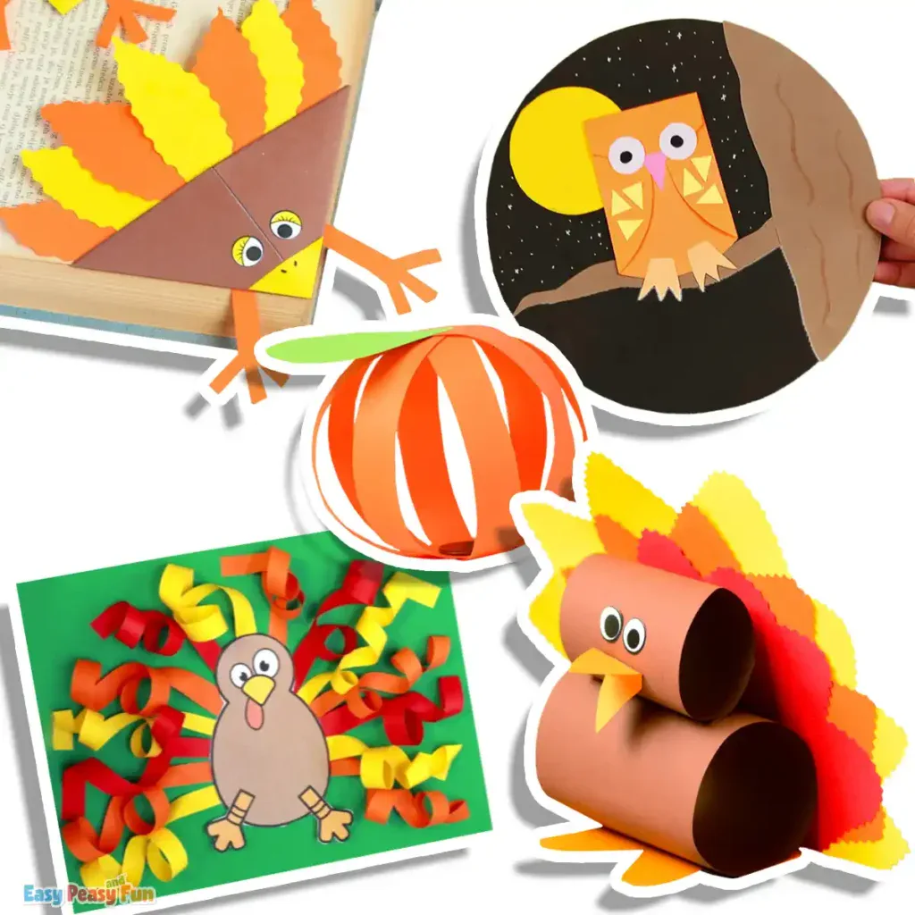 Autumn paper crafts with turkeys, pumpkins, owls, and fall colors.