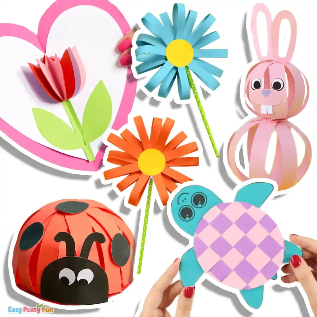 A set of popular kids’ paper crafts like flowers, animals, and simple cards.