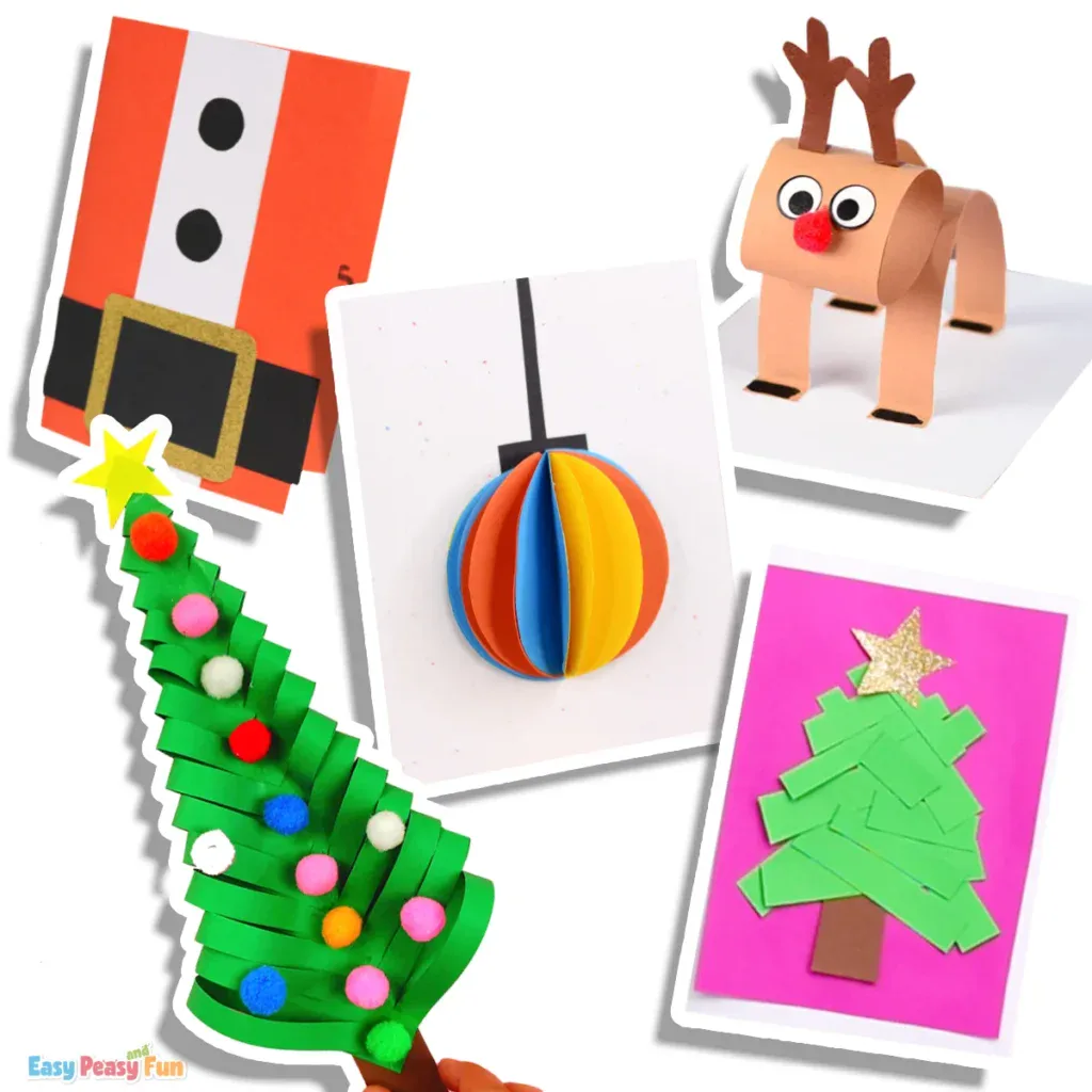 Christmas paper crafts including trees, Santa cards, reindeer, and ornaments.