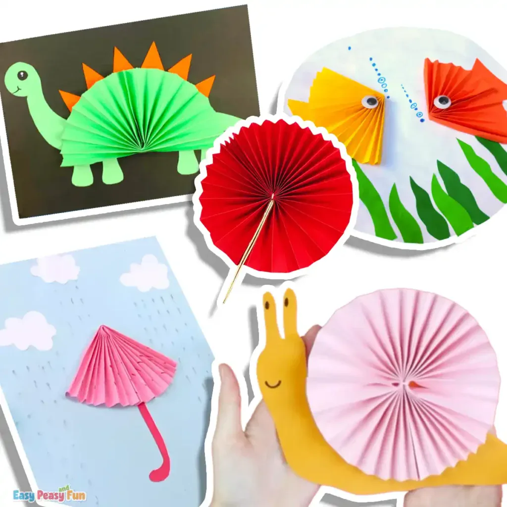 Paper crafts using accordion‑fold fans to create animals and decorative crafts.