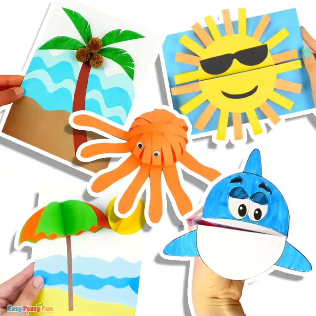 Summer paper crafts featuring ocean animals, beach scenes, and sunny designs.
