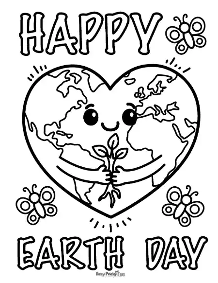 A heart-shaped Earth Day coloring sheet for students featuring a globe with a small plant. This educational printable helps children learn about sustainability and caring for the planet through a fun nature-themed art project.