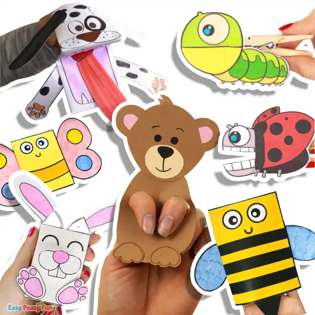 Paper toys with moving parts, puppets, and finger puppets for kids.