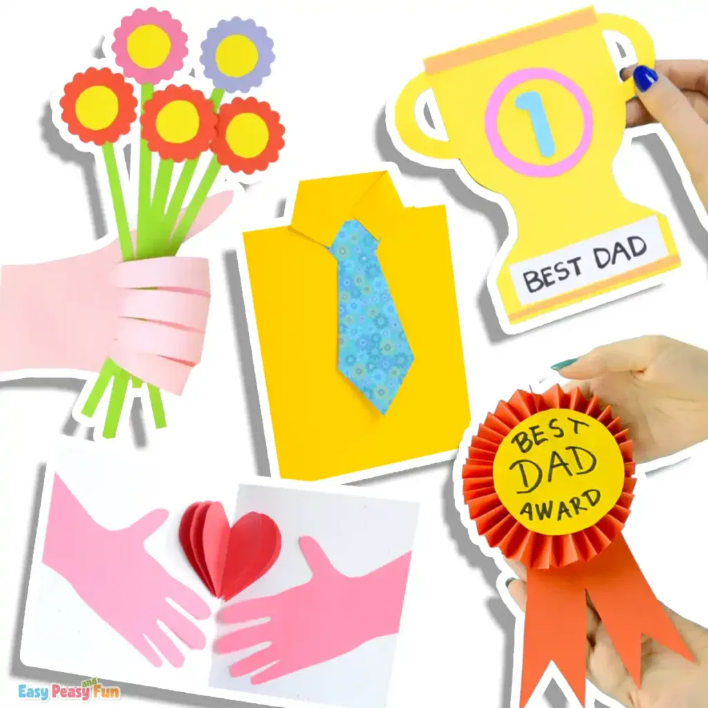 Handmade paper gifts like cards, ribbons, and handprint keepsakes for Mother's and Father's Day.