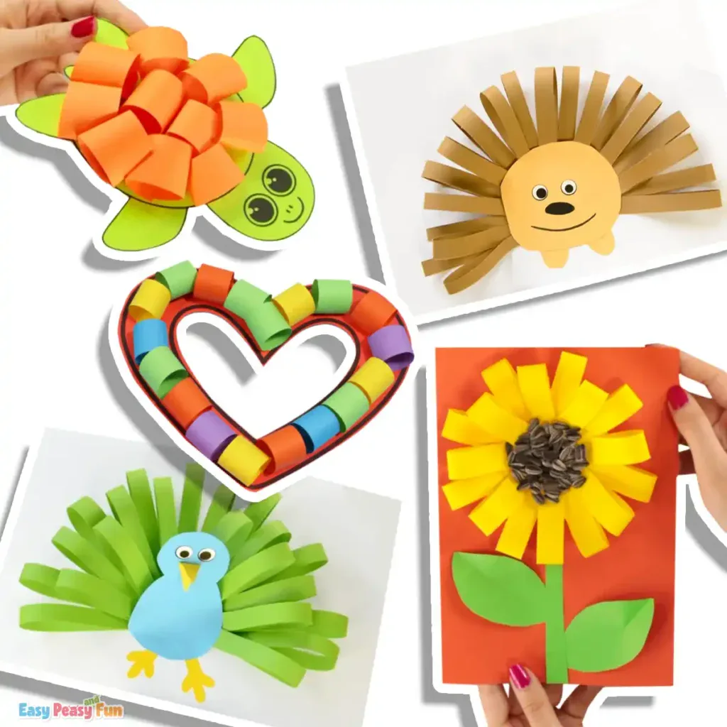 Paper crafts built from looped strips to create textured animals and flowers.