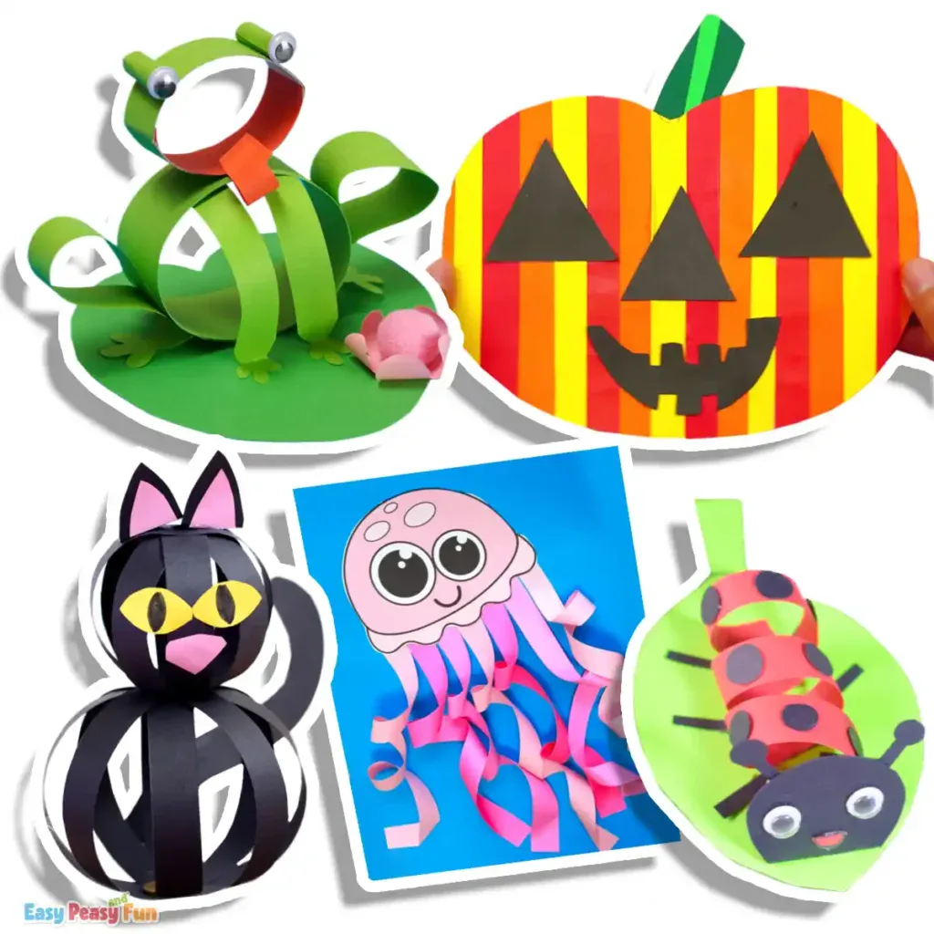 Crafts made from curled, looped, or folded paper strips to form 3D characters.