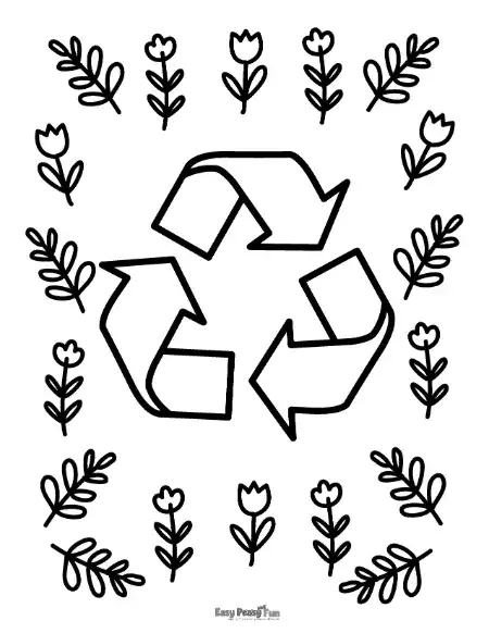A recycling-themed coloring sheet for kids featuring the universal recycle symbol and a globe to color. This educational resource provides a clear visual aid for teaching students about waste reduction and sustainable living habits.