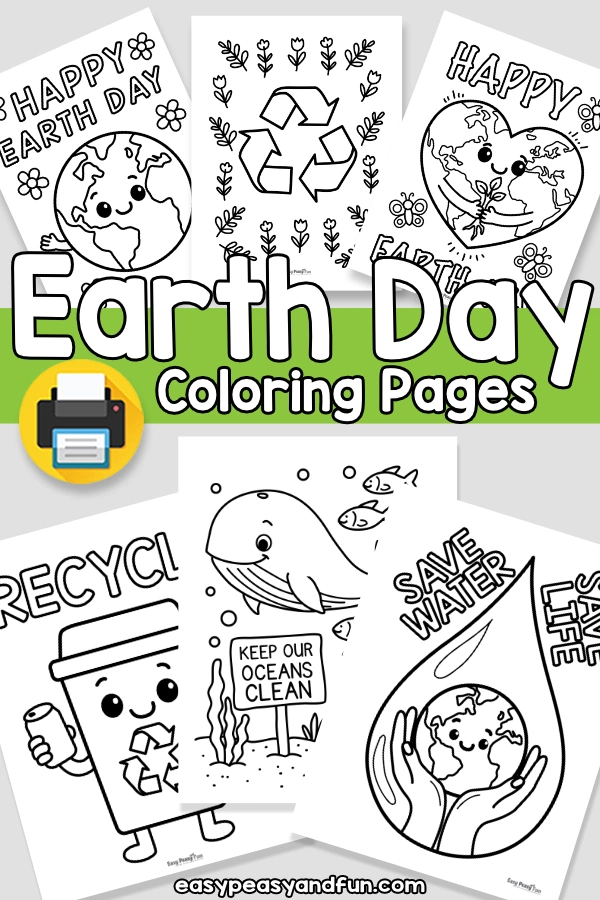 A set of printable Earth Day coloring pages for kids featuring various environmental themes. The collection includes a "Save Water" tap, a "Keep Our Oceans Clean" whale, and a smiling globe, providing a comprehensive activity bundle for classroom lessons and sustainability education.