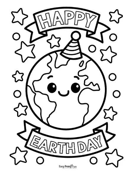 A printable Happy Earth Day coloring page for kids featuring a smiling globe character surrounded by stars and banners. This holiday activity is a simple classroom resource for students to celebrate nature and environmental protection.