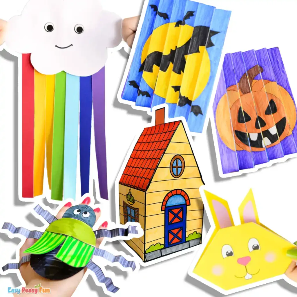 Printable templates for coloring, cutting, and assembling simple paper crafts.