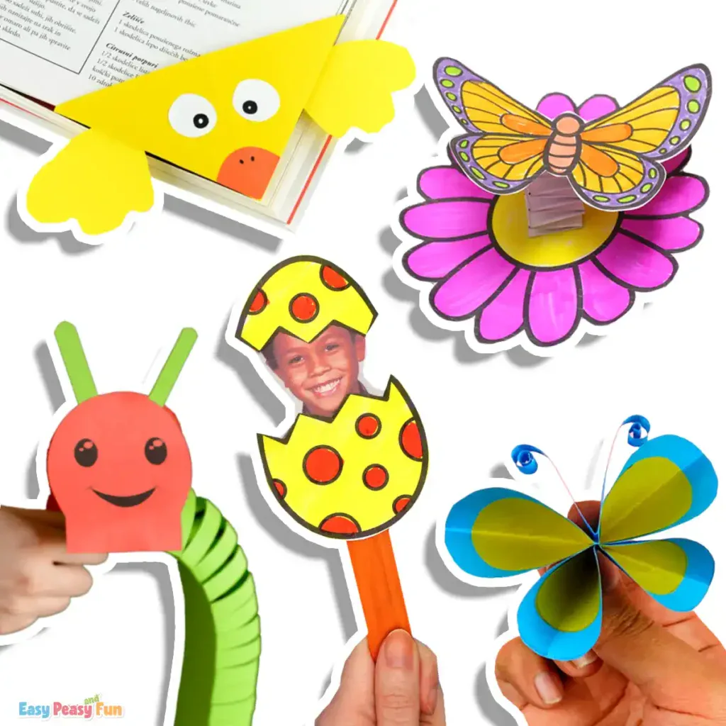Spring‑themed paper crafts like butterflies, chicks, caterpillars, and Easter keepsakes.