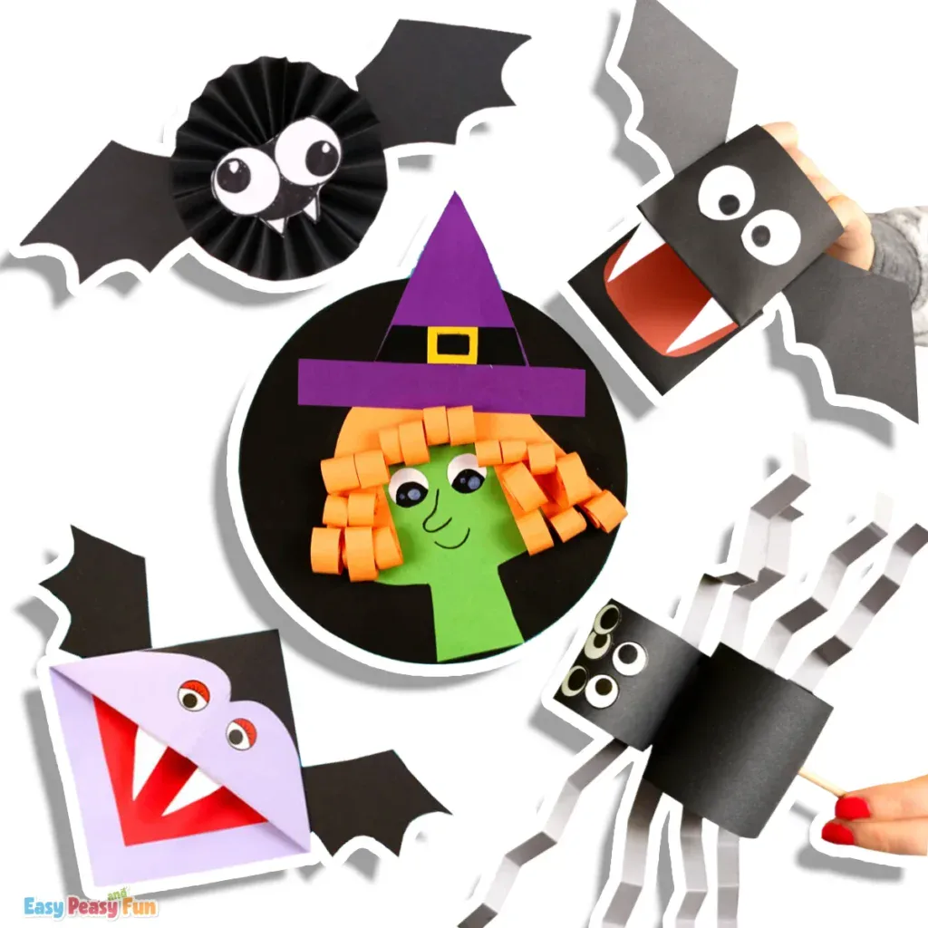 Halloween paper crafts like bats, witches, spiders, and fun spooky characters.