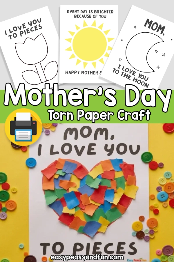 A Mother’s Day torn‑paper heart craft displayed with simple printable templates featuring cheerful designs.