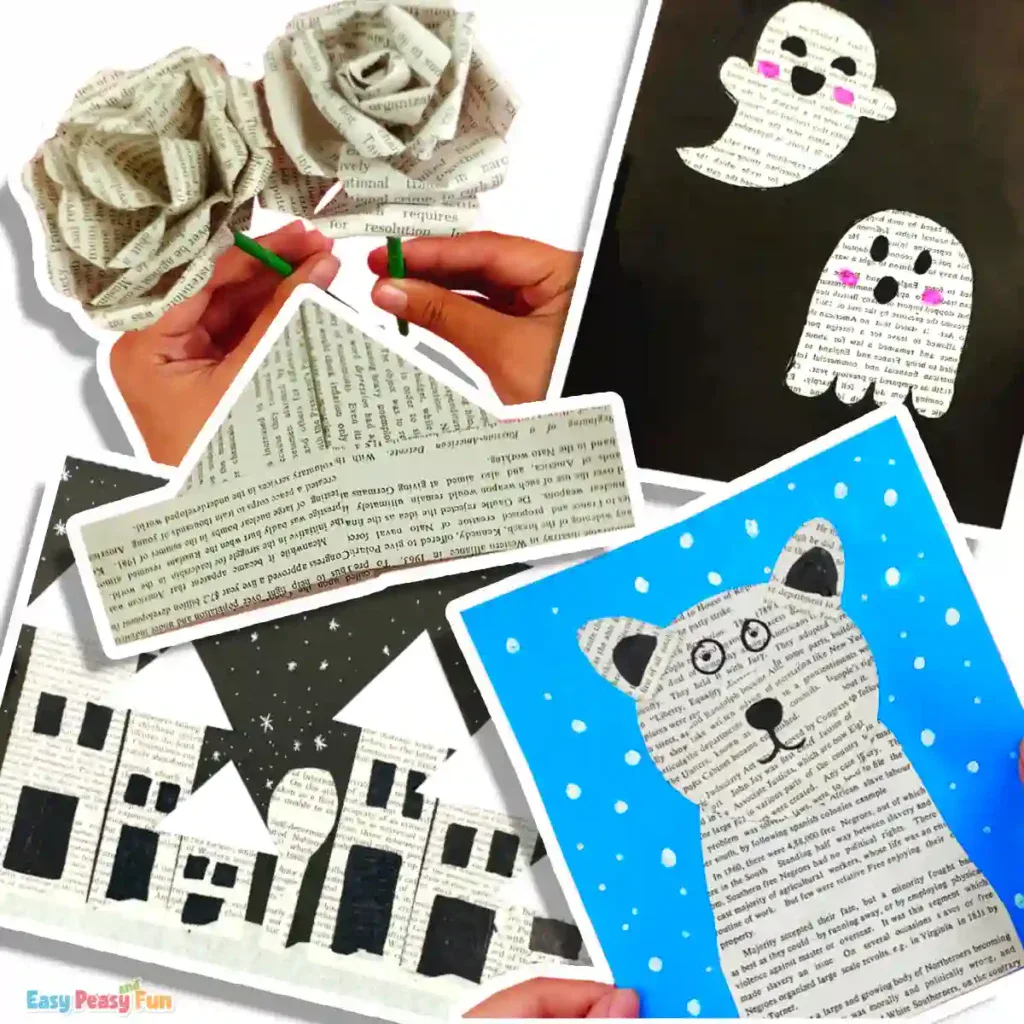 Paper crafts made from recycled newspaper, including hats, animals, and collage art.