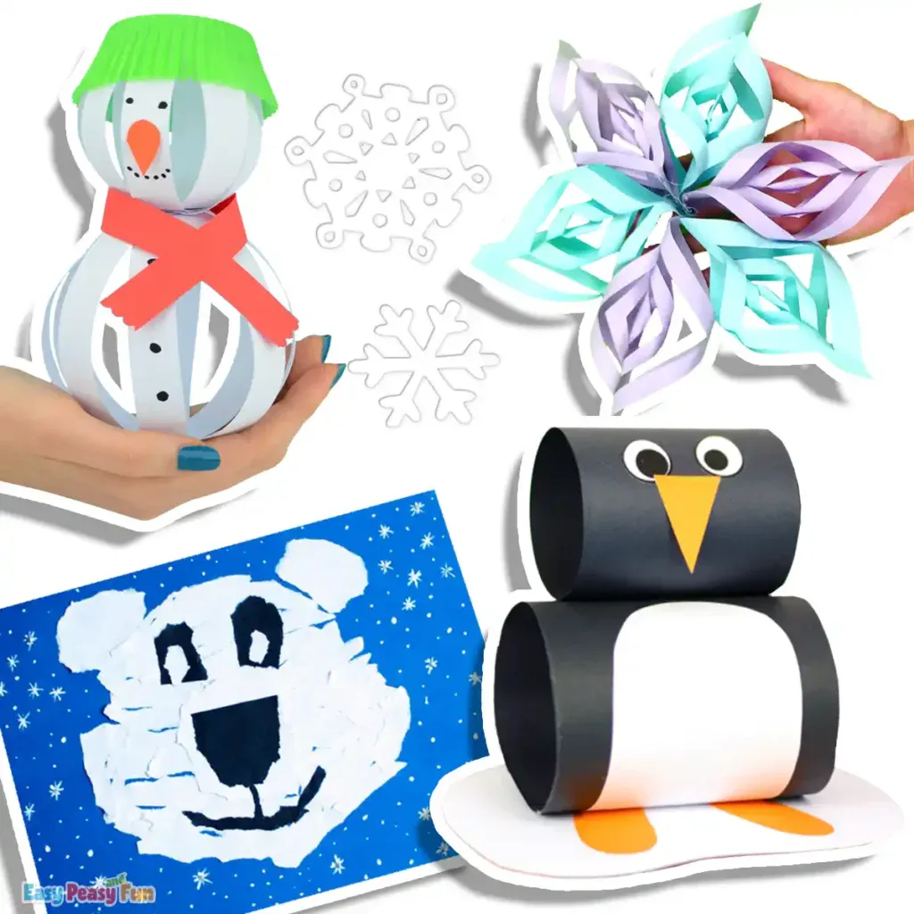Winter paper crafts including snowflakes, penguins, snowmen, and arctic animals.