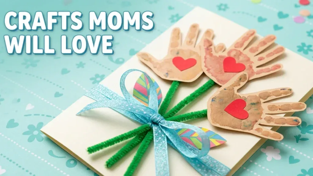 A collection of Mother's Day crafts for preschoolers, featuring a handprint flower bouquet card with red hearts and a blue ribbon, with the text "Crafts Moms Will Love" in the corner.