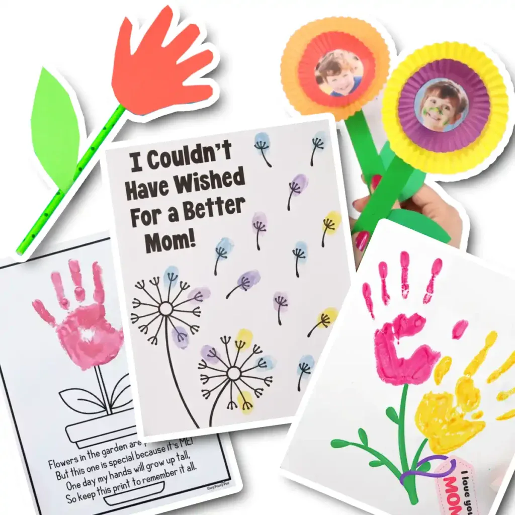 A collage of five simple Mother's Day crafts for daycare: a handprint poem, a handprint flower on a straw, fingerprint dandelion art, cupcake liner flowers, and handprint art with a printable template.