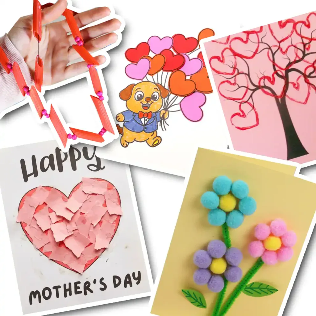 A landscape collage of five Mother's Day crafts for 2-year-olds: a torn paper heart mosaic, a pom pom flower card, a painted pasta necklace, a bunch of heart balloons printable, and heart shapes stamped with paper rolls.